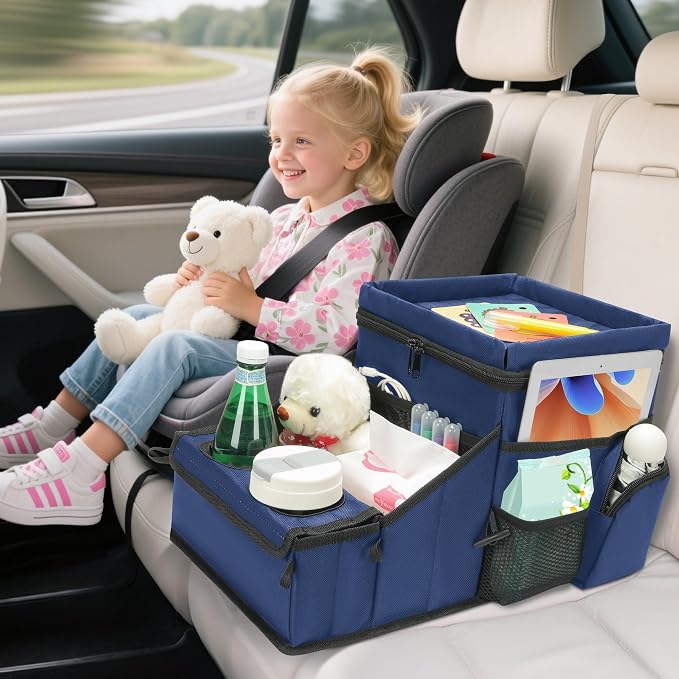 Backseat Organizer for Kids & Adults – Car Seat Cooler Warmer with 2-in-1 Writing Tray, Cup Holders & 11 Storage Compartments | Road Trip Car Organizer for Front & Back Seat (Black) (Navy Blue) by WENRENER