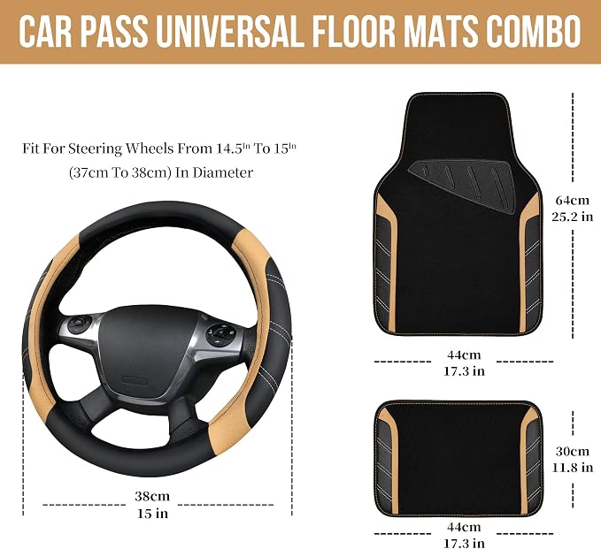 CAR PASS Microfiber Steering Wheel Cover and Waterproof Car Floor Mats,Leather Universal Car Combo Fit for 95% Truck,SUV,Cars,14.5-15inch Sporty Anti-Slip Safety Comfortable Design(Black and Beige) - Image 2