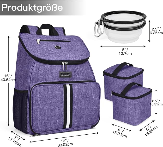 BAGLHER丨Dog Travel Bag, Airline Approved Pet Supplies Backpack, Dog Travel Backpack Accessories Set with 2 Silicone Collapsible Bowls and 2 Food Baskets. Purple - Image 3