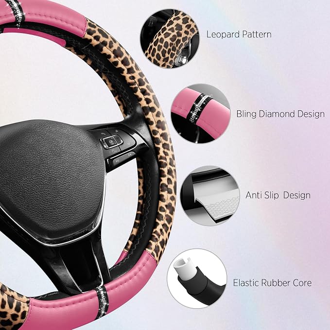 Road Comforts Leopard Steering Wheel Cover for Women, Cute Anti-Slip Microfiber Leather, Fits D Shape Flat Bottom Steering Wheel 14.5-15 Inch - Pink - Image 4