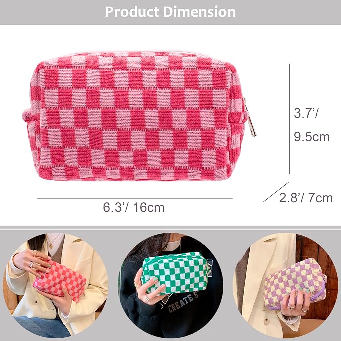 PAZIMIIK Checkered Makeup Bag for Purse Portable Zipper Make Up Pouch Small Cosmetic Case for Travel Accessories (Hotpink) | Cute Zipper Makeup Organizer for Women, Travel Essentials, Toiletries, Makeup Brushes, Beauty Accessories&Bridesmaid Gifts - Image 4