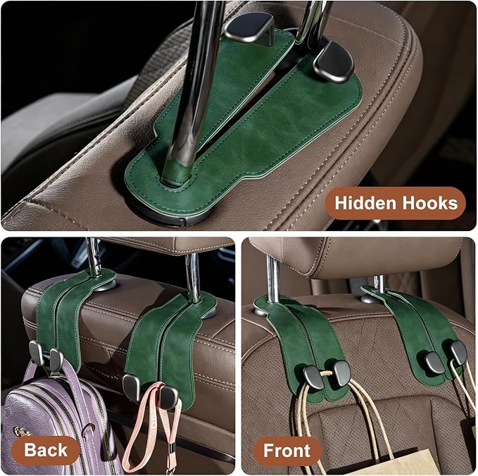 CoBak Purse Hook for Car - Universal Premium Stitched Leather and Aluminum-Magnesium Alloy Double Car Seat Back Storage Hook for Purses, Handbags, Bags (2 Pack),Emerald - Image 3