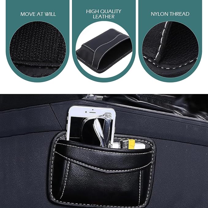Car Seat Side Pocket Organizer, PU Leather Mini Storage Bag, Seat Gap Filler with Phone Sunglasses Pen Holder, Universal Auto Organizer for Documents Registration Notepad (Black)​ - Image 3