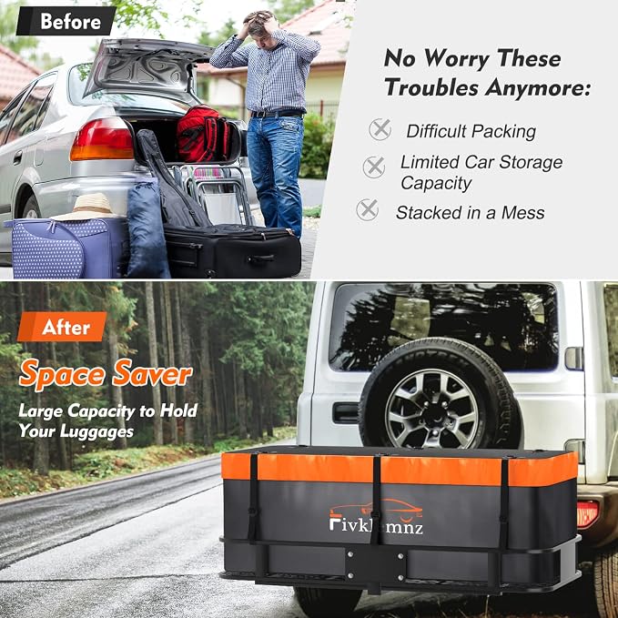 20 Cubic Hitch Mount Cargo Carrier Bag Waterproof Soft Car Tray | Luggage Bag (59" 24" 24") with 6 Reinforced Straps + 1 Combination Lock, Fits for All Vehicles with Steel Trailer Basket - Image 3