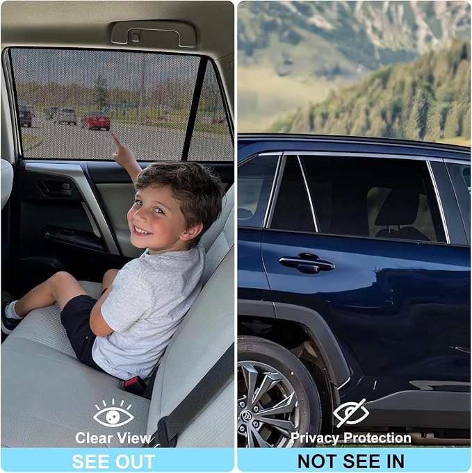 XCBTY 19-24 RAV4 Window Shade for Rear Seat Windows, 2-Pack Magnetic Mesh | Blocks 99% UV to keep baby & pets cool. One-way privacy mesh allows fresh air flow. Press clip & hold 5s for maximum grip. - Image 3