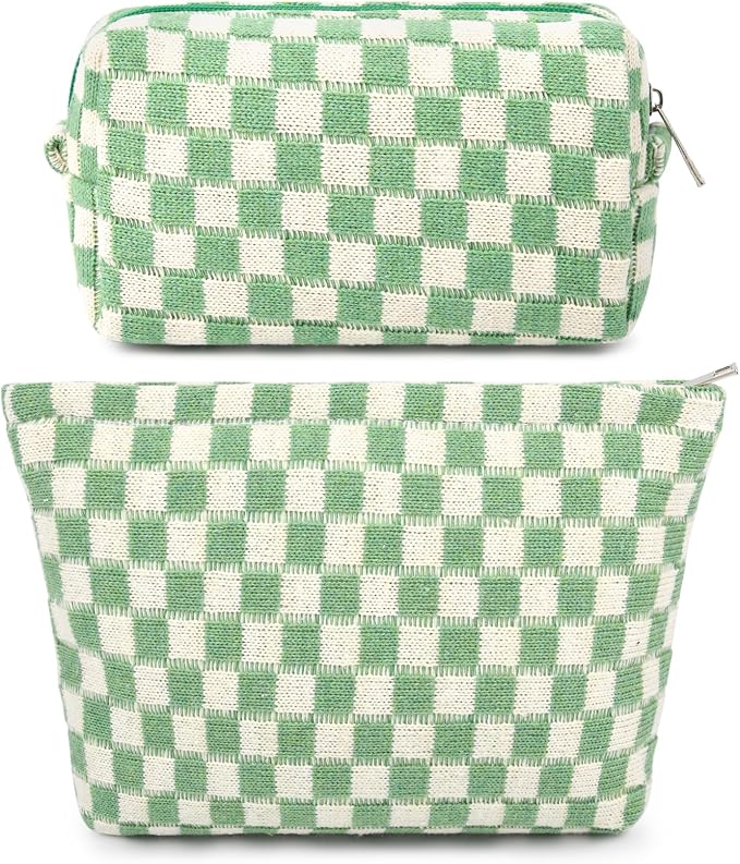 SOIDRAM 2 Pcs Checkered Makeup Bag Large Cosmetic Bag Toiletry Bag Makeup Pouch Travel Bag Organizer Cute Makeup Brushes Aesthetic Accessories Storage Bag for Women Green by SOIDRAM