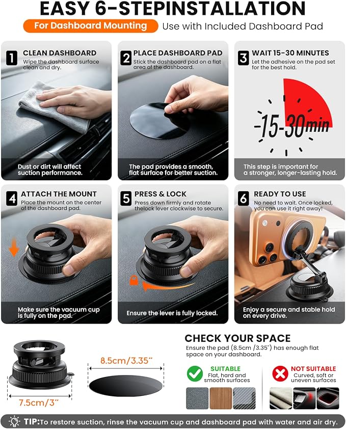 Vacuum Car Phone Holder for MagSafe, No-Glue Suction Cup Mount with Dashboard Pad, Reinforced Zinc Alloy Hinge, 360° Rotatable Foldable Cell Phone Holder for iPhone 17 16 15 14 13 12 Series - Image 8