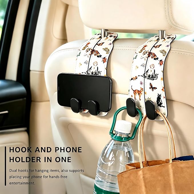 Car Seat Back Headrest Hooks - 2 Pack, Watercolor Cat Pattern Purse Hook for Car, Metal Leather Multifunctional Auto Hanger Organizer for Bags Water Bottles Phones - Image 5
