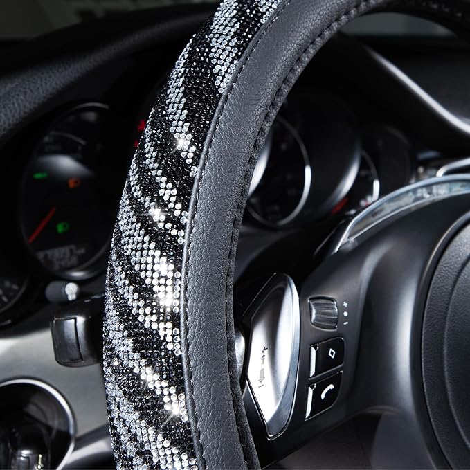 CAR PASS Bling Diamond Leather Steering Wheel Cover, with Bling Sparkly Crystal Glitter Rhinestone Universal Fit 14" 1/2-15" Car Wheel Protector Fit for Women Girl SUV,Vans,Sedans,Trucks, Zebra Print - Image 2