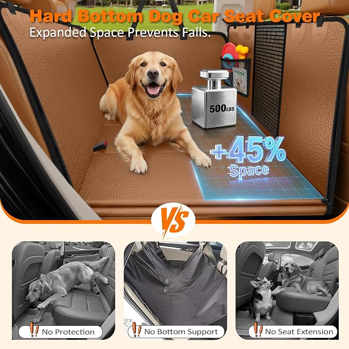 URPOWER PU Leather Hard Bottom Dog Car Seat Cover, Back Seat Extender | 500 lbs Support, 45% More Space, Waterproof, Scratch Resistant, Non-Slip, Mesh Window, Easy Care, Dog Seat Belt Included - Image 2