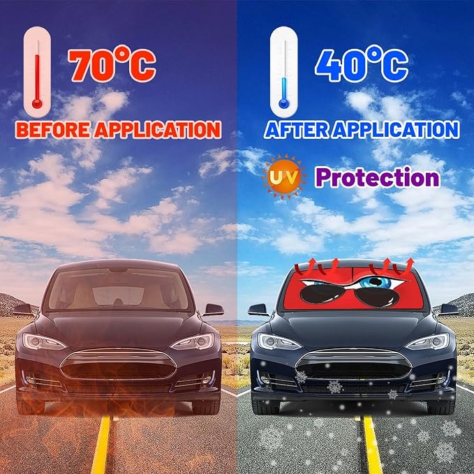 Funny Eye Print Car Sunshade Umbrella Retractable Sun Shade for Car Windshield Umbrella Heat Insulation Protection UV Block Front Window Covers for Auto Sedan SUV Pickup Windshield Sunshades - Image 2