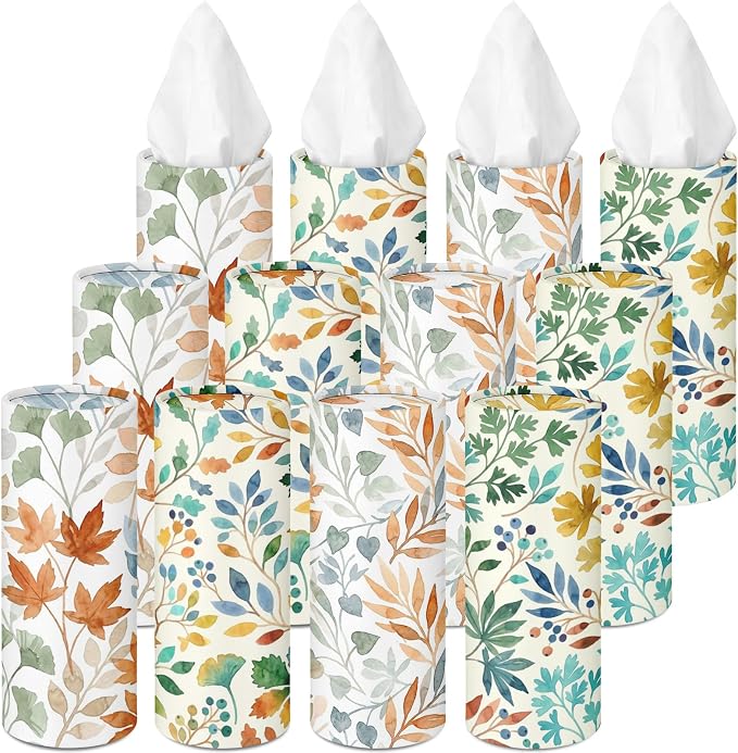 Arttown Car Tissue Holder for Cup Holder Facial Tissues 12 Pack Fall Leaves | Boho Bulk 3-Ply,Refillable Marble Print Cylinder Tissue Boxes,Fit Car Home Office School (600 Sheets Total,50 Sheets Each) by Arttown
