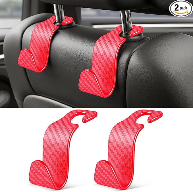 SINGARO Universal 2 Pack Car Seat Headrest Purse Hook, Carbon Fiber Back Seat Hook Storage Organizer Hanger for Purse Handbag Coat, Car Interior Accessories(Red) by SINGARO