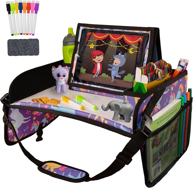 Lusso Gear Kids Travel Tray for Car - Road Trip Essentials for Kids - Car Seat Tray for Toddlers & Kids - for Airplane, Kids Travel Desk, Road Trip Activities (Purple Unicorns) by LussoGear