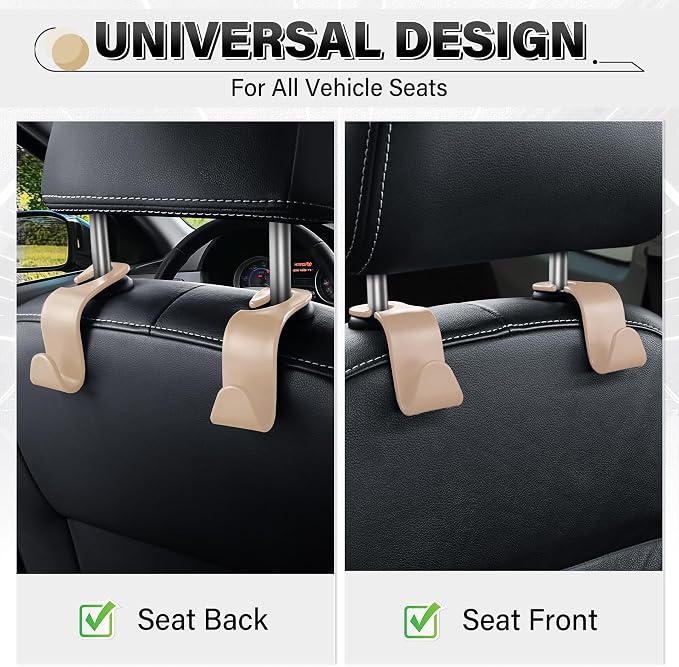 SINGARO 4 Pack Car Seat Headrest Hooks, Vehicle Back Seat Hanger Storage Organizer for Purse Handbag Backpack Coat Grocery, 360° Rotating Heavy Duty Holds 44lbs, Beige - Image 4
