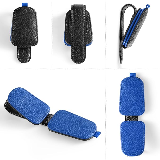 SINGARO Sunglasses Holder for Car, Leather Magnetic Buckle Sun Visor Sunglass Clip, Ticket Card Storage Glasses Clip, Car Interior Accessories for Men and Women（Black-Blue） - Image 4