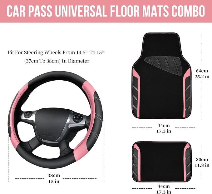 CAR PASS Microfiber Steering Wheel Cover and Waterproof Car Floor Mats,Leather Universal Car Combo Fit for 95% Truck,SUV,Cars,14.5-15inch Sporty Anti-Slip Safety Comfortable Design(Black and Pink) - Image 3