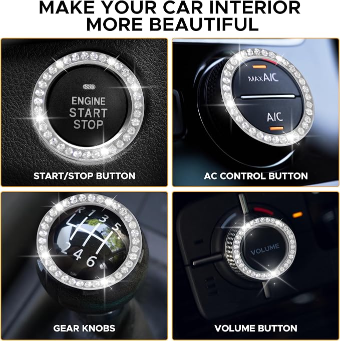 EcoNour Bling Cup Holder Insert (2 Pack) with Push Start Button Ring | (1 Pack) 2.75 Inch Silicone Coaster Pad and 1.5 Inch Ring with Elegant Crystal Rhinestone | Car Interior Accessories (Black) - Image 3