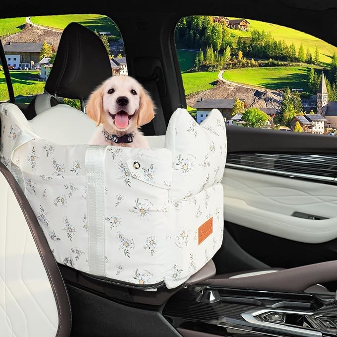 Center Console Dog Car Seat Safe Travel for Small Dogs Under 15 lbs | Detachable Washable Pet Carrier with Storage Pockets & Safety Leash,Off White by HANMEIANINC