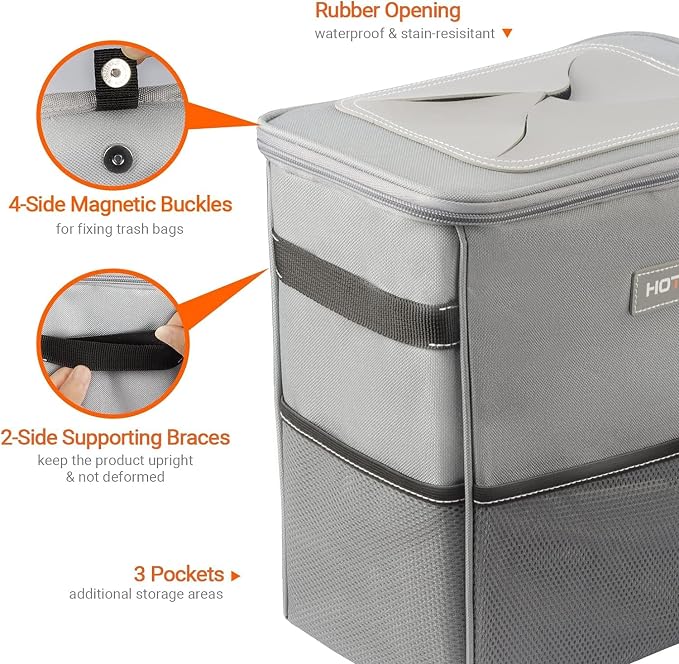 HOTOR Car Trash Can, Compact Waterproof Organizer, Leak-Proof Bin, 3-Gallon | Gray, Multifunctional Car Accessory with Adjustable Straps & Magnetic Snaps for Interior Car Storage - Image 4