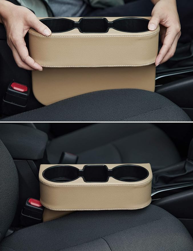 IOKONE Cup Holder for Car, Console Side Pocket, PU Leather Cover, Beige | Car Seat Gap Filler Organizer, Front Seat Organizer, Drink Holder for Car, Cell Mobile Phone Holder, Car Coin Holder - Image 5