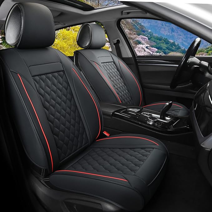 Car Seat Covers Front Pair,Universal Fit for Most Cars,SUV,Sedans and Pick-up Trucks,Automotive Faux Leather Vehicle Cushion Covers(Front Pair,Black/Red) by Vankerful