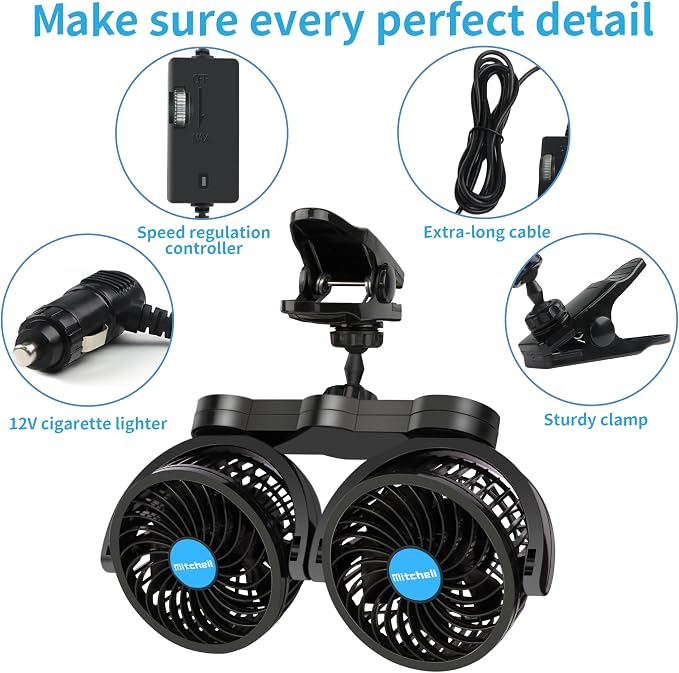 Alagoo 12V Car Fan, Adjustable 4 Inches Dual Head Car Clip Fan for Front/Rear Seat Passenger, 360° Rotatable Cars Fans with Stepless Speed Regulation for Car/Vehicle SUV, RV - Image 2