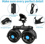Alagoo 12V Car Fan, Adjustable 4 Inches Dual Head Car Clip Fan for Front/Rear Seat Passenger, 360° Rotatable Cars Fans with Stepless Speed Regulation for Car/Vehicle SUV, RV - Image 2