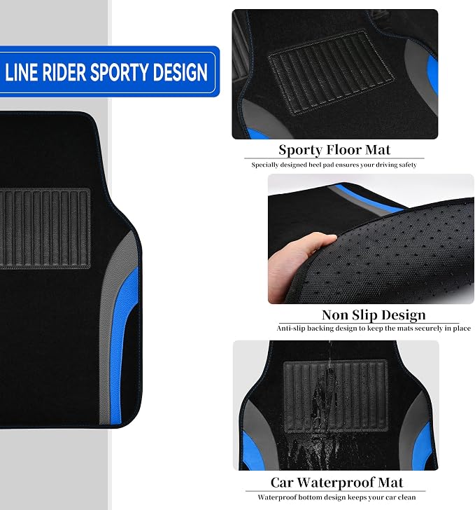 CAR PASS Leather Sporty Car Floor Mats Carpet, Universal Waterproof Automotive Floor Mat Fit for Sedans, Cars, Mid Trucks, Vans, SUV, Set of 4 (Black and Blue) - Image 3