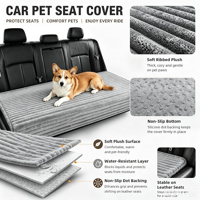 Dog Car Back Seat Bed Waterproof Non Slip Washable Pet Cover | Ultra-soft plush flannel pad soothes pet joint discomfort Vacuum compressed, heavy duty tear-resistant fabric(Light Grey) - Image 5