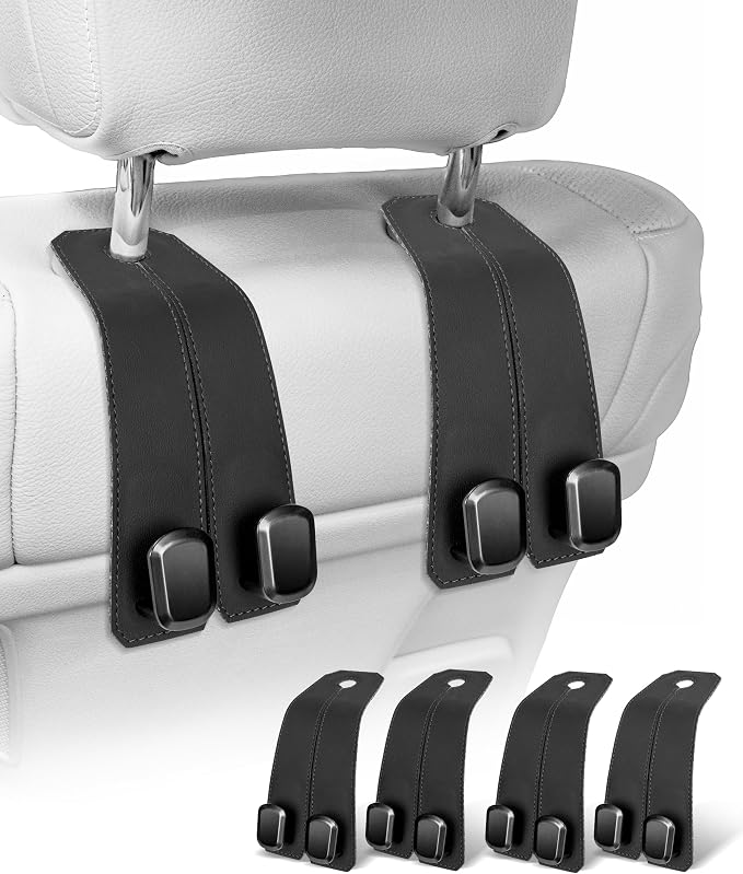 Car Hooks for Headrest, 4PCS Car Purse Hooks Luxurious Leather 100% Metal Car Hangers for Seat Multifunctional Car Bag Hook Car Seat Back Storage Hook Accessories (Black) by VETERBONE