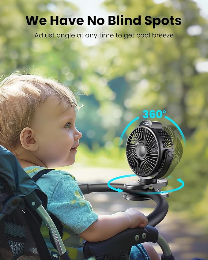 Koonie Portable Clip On Fan, Small Rechargeable Battery Operated, 3 Speeds | Mini Clamp Fan With LED Display, 360° Rotate Personal Cooling Desk Fan for Stroller Bed Travel Camping Golf Gym - Image 6