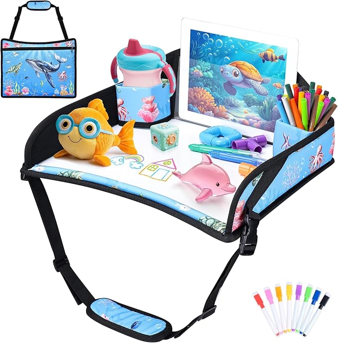 Toddler Car Seat Travel Tray FOR Road Trip Activities, Whale | Travel Tray With 16.7" x 13.4" Smooth Dry Erase Board, Cup holders, Ddjustable Strap & Shoulder Carry Strap by AZAMIA