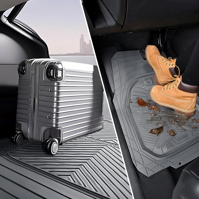 CAR PASS Heavy Duty Rubber Car Mats with Cargo Liner, Deep-Dish Car Floor Mats and Trunk Mat All Weather, Universal Trim-to-Fit for SUVs Trucks Sedans, Waterproof Anti-Slip, Trimmable V12 Gray - Image 6