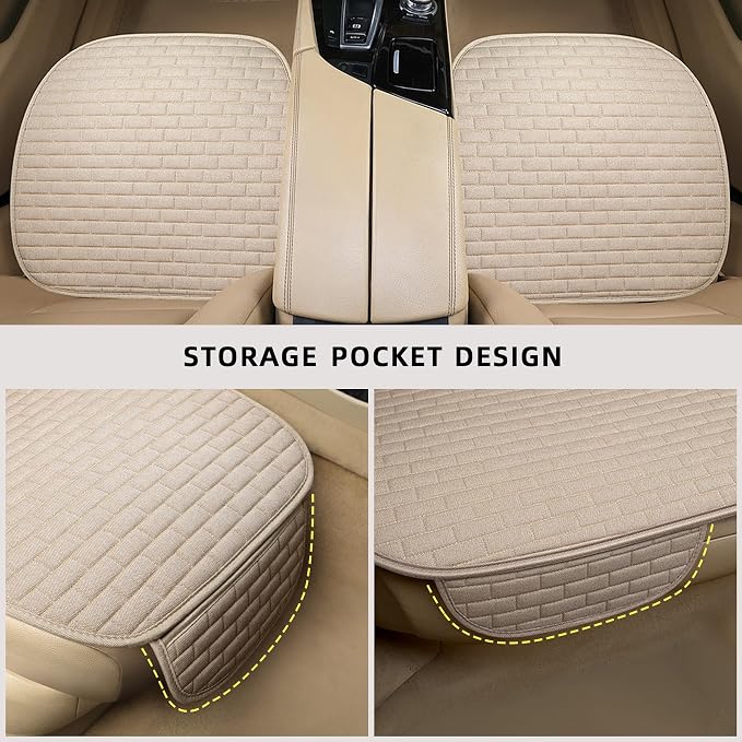Beige Car Seat Covers Front Seats, 2 Pack Seat Covers for Cars Truck SUV | Front Seat Covers with Storage Pocket, Bottom Auto Seat Cushion Pad Mat for Most Vehicles - Image 3