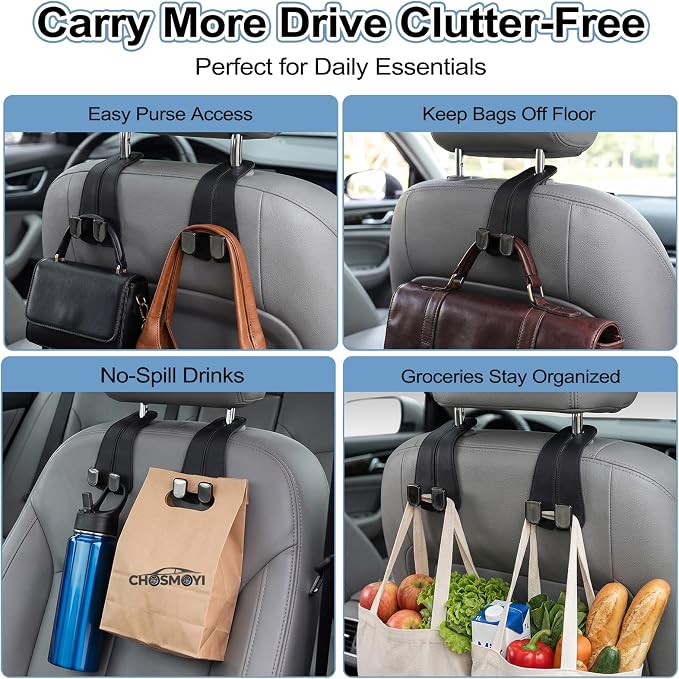 2 Pack Car Purse Hooks, Leather Car Headrest Hooks for Purses & Bags(Black) | Anti-Drop Design, Holds Up to 50 lbs, Grocery Bag Holder, Car Organizer, Seat Back Storage Hanger - Image 5
