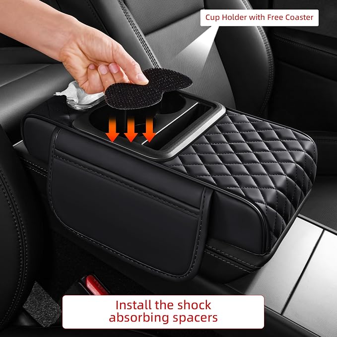 5 in 1 Nappa Leather Console Armrest Cover, Black | Built-in cup holder, tissue slot, phone holder & 2 storage pockets, practical car accessories fit SUV sedan truck - Image 7