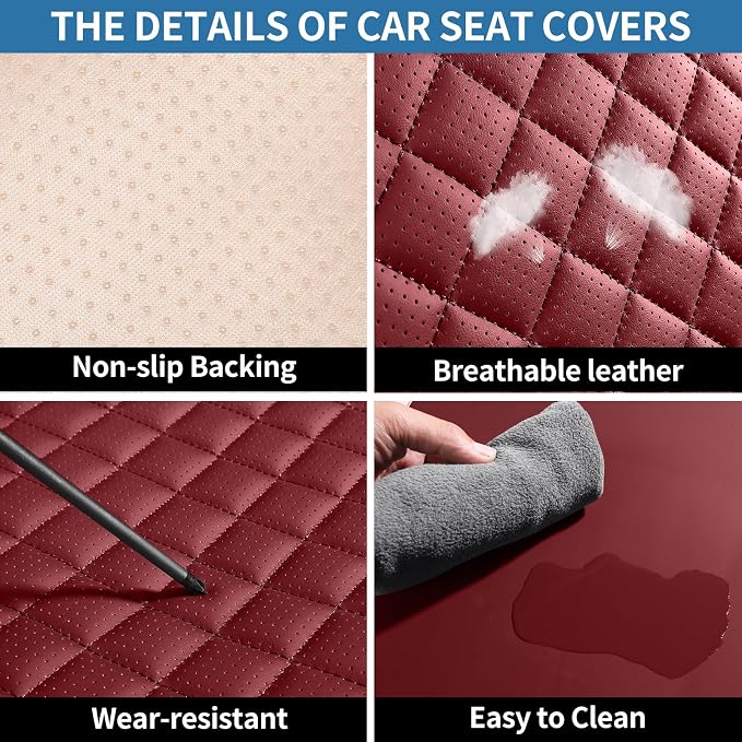 Leather Front Car Seat Covers Automotive Seat Protectors | Breathable Waterproof Durable Full Surround & Lumbar Support Design Non-Slip Universal Fit for Most Cars SUVs Trucks Vans Red - Image 3