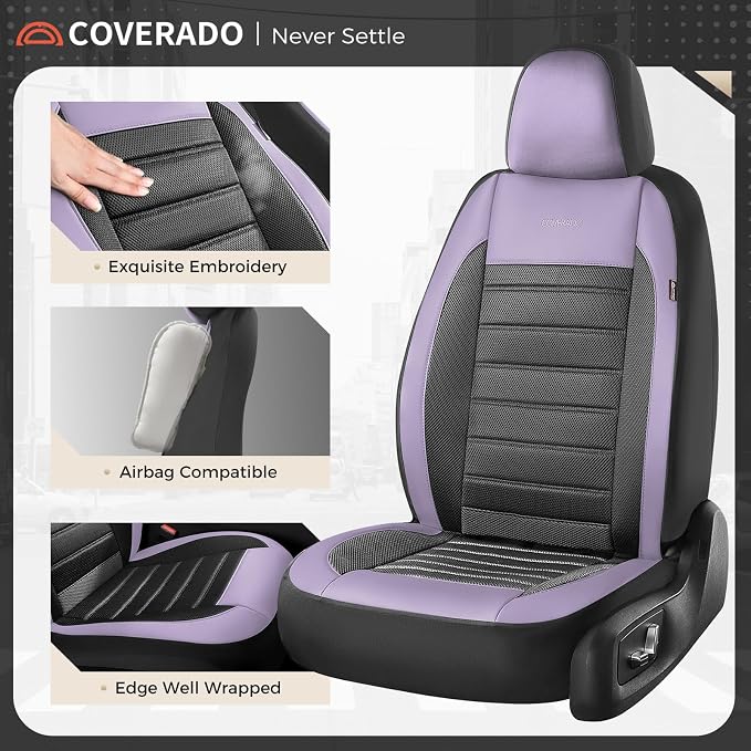 Coverado Car Seat Covers Full Set, Luxury Leather Car Seat Covers, Automotive Front and Rear Mesh Seat Covers, Full Set 5 Seats, Purple&Black Seat Covers for SUV Sedan Truck - Image 6