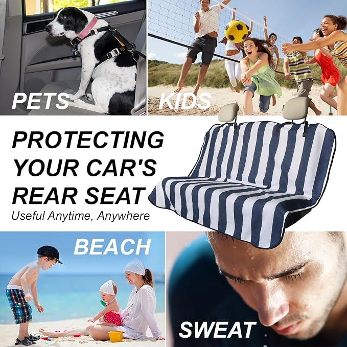 Sweat Towel Car Seat Cover Protector Front Seats for Gym Workout, Running, Swimming, Beach and Hiking, Waterproof Universal Seat Cover for Car, Trucks, Van & SUV (1, White/Blue Stripe, Rear Seat) - Image 4