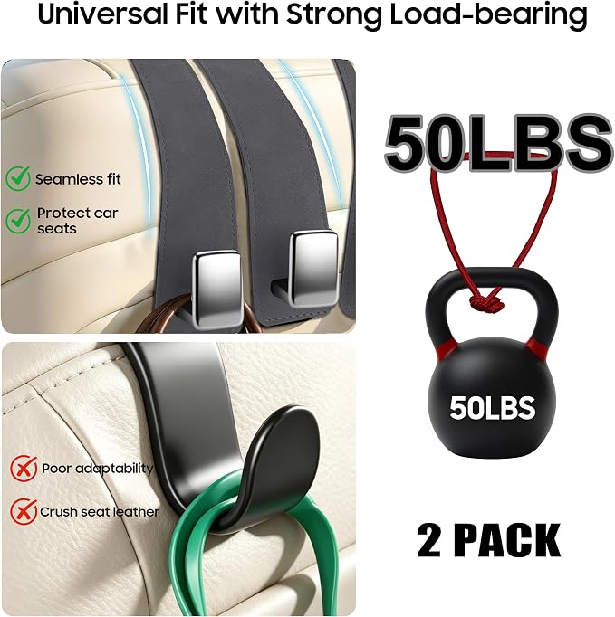 Amooca 2 Pack Car Headrest Hooks, Premium Suede with Metal Hook Car Seat Back Storage Hanger for Purses, Handbags，Grocery Bags - Gray - Image 2
