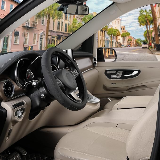 SEG Direct Black Microfiber Leather Auto Car Steering Wheel Cover 15 inch | Universal Medium Standard Size 14.5"-15" (37-39cm) for Car Truck SUV, Anti-Slip Comfortable Grip Auto Interior Accessories - Image 8