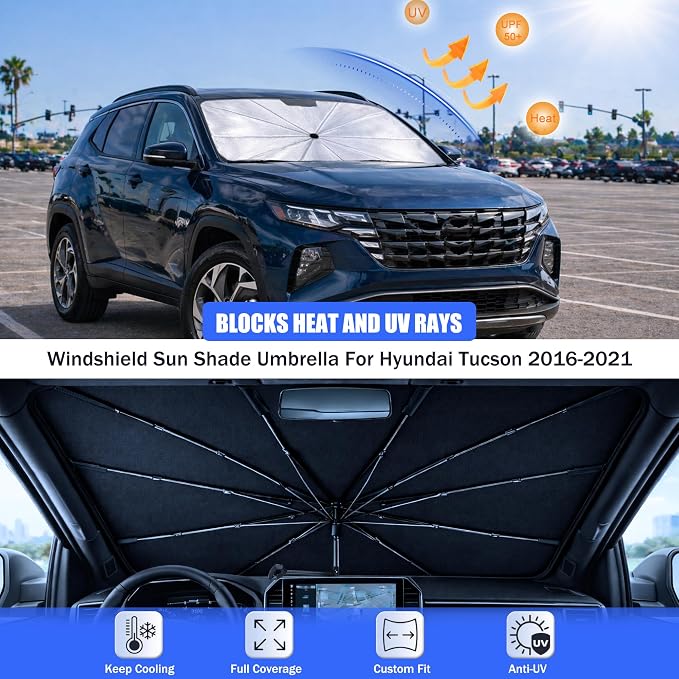 Car Windshield Sun Shade Umbrella for Hyundai Tucson 2016-2021 | 2026 Upgraded,Custom-Fit Umbrella Sunshade,Easy Install,UV Protection & Heat Reflective,Keep Interior Cooler with Storage Bag - Image 3