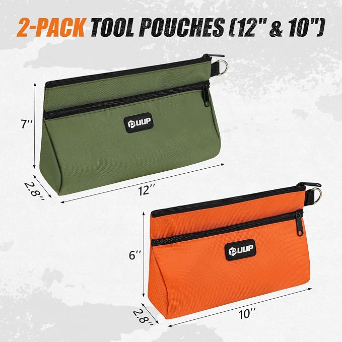 Tool Pouch 2-Pack 12" 10", Divider Zipper Bag, Small Tool Box Organizer | Waterproof, Heavy-duty Oxford, Smooth Zipper, D-Ring, Storage Case for Car Work Tool. Electrician Gift, Orange/Green - Image 2