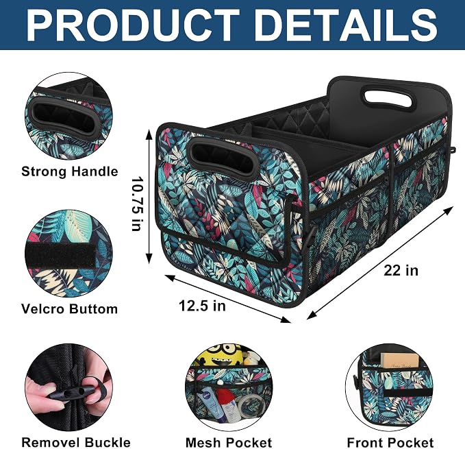 Deosk Car Trunk Organizer for SUV, Car Organizers and Storage with Reinforced Handles, Car Accessories for Women/Men 50L Waterproof Polyester Trunk Organizer(Medium, Leaves) - Image 3