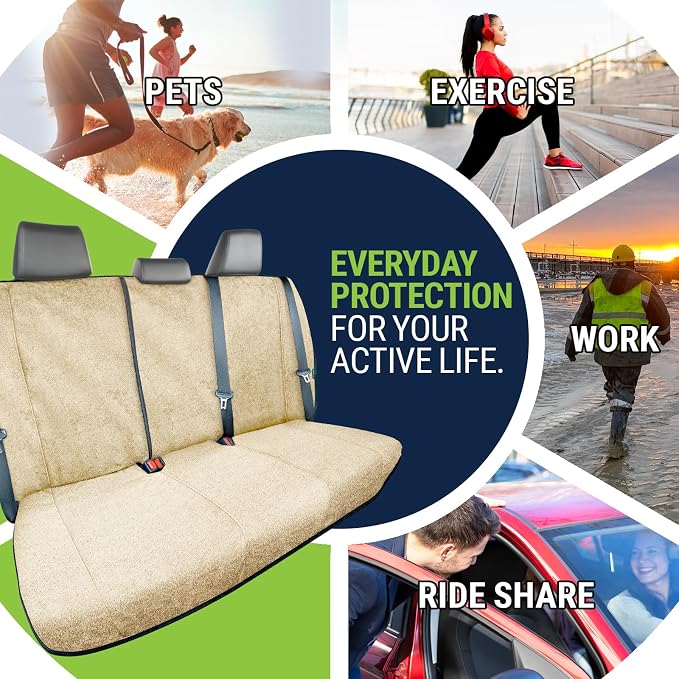 Season Guard Back Seat Towel Seat Cover for Cars; Great for After Gym Workouts, Dogs, and Outdoor Activities; Universal Fit for Cars SUVs Vans Trucks Rear Seats, EZ fit, Non Slip Grip, Tan - Image 3