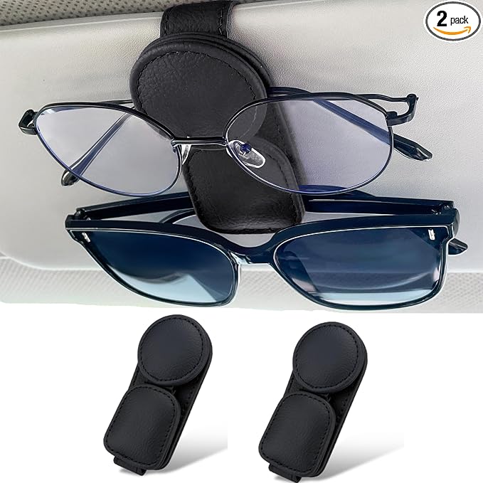 KIWEN 2 Pack Sunglasses Holder for Car Visor, Magnetic Leather Sunglass Eyeglass Hanger Clip for Car Sun Visor Accessories (2, Black) by KIWENDirect
