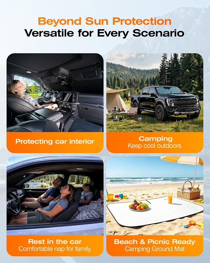 Cooling Windshield Sun Shade for Ford F150 2015-2026, 240T Beige, Foldable | Heat-Insulating Fabric, 99% UV Protection and Heat Insulation, Storage Bag Included, for Cars SUVs and Trucks, Easy to Store - Image 7