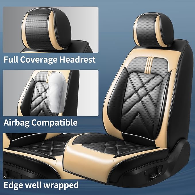 Soul Car Seat Covers Fit for Kia Soul 2010-2026, Premium Full Coverage Leather Automotive Seat Protectors, All Seasons Waterproof Breathable, Airbag Compatible, Full Set Seats Black Beige - Image 2