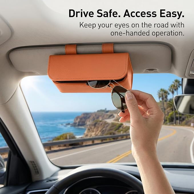 Magnetic Sunglasses Holder for Car Visor, PU Leather Clip, Orange | Soft Inner Lining, One-Handed Access, Holds Eyeglasses, Parking Tickets and Receipts, For Cars, SUVs and Trucks, 1 Pack - Image 4